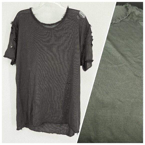 Distressed Mesh Knit Shirt Women Medium Green Short Sleeve Sheer Grunge Punk Tee - Picture 1 of 13